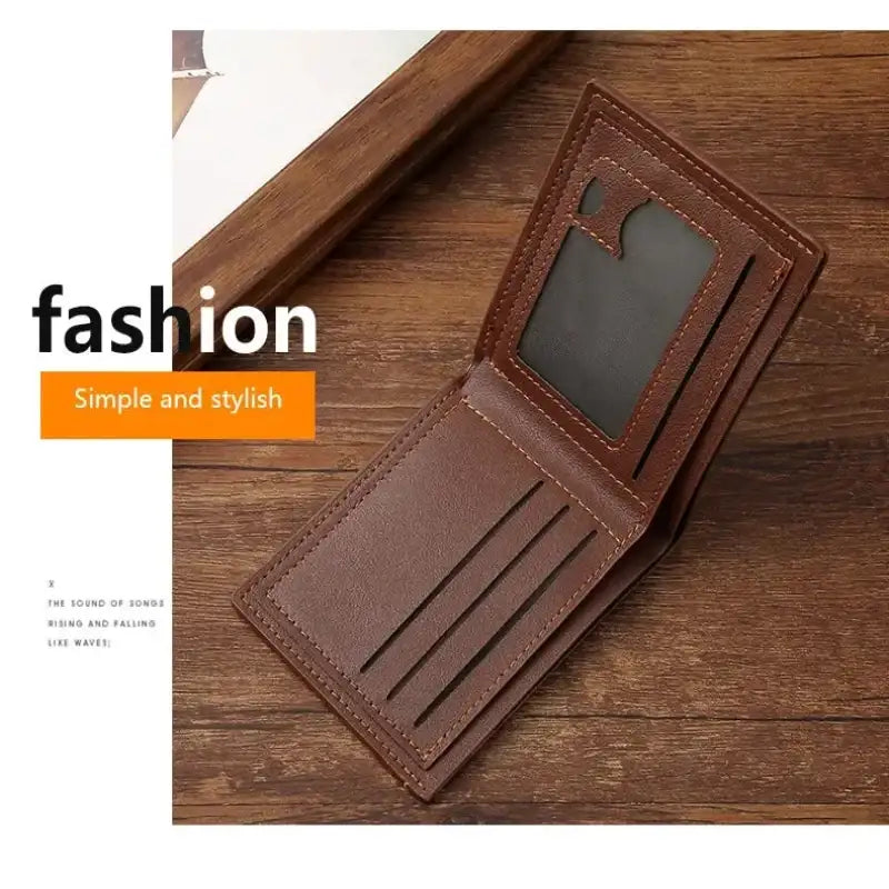 Brown leather wallet on a wooden surface with 'fashion' text overlay.