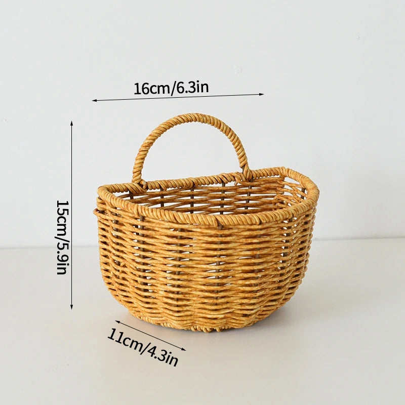 Wicker basket with dimensions on a white background