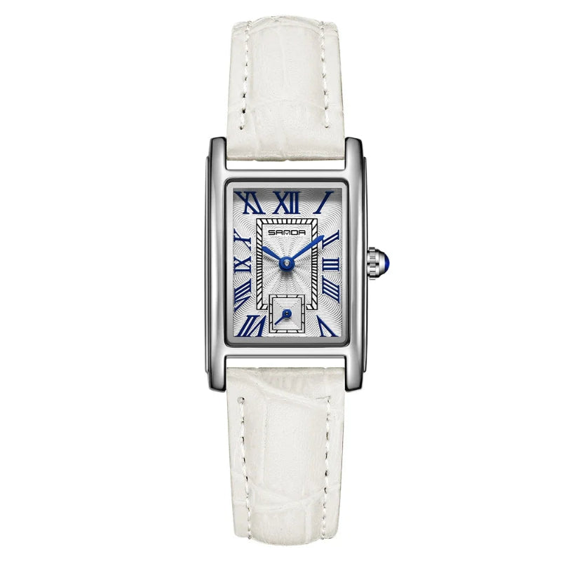 White wristwatch with silver case and blue Roman numerals on a white background, featuring the brand 'SANDA'.