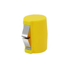Yellow container with a silver clasp on a white background
