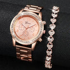 EMESA HOME 2-Piece Women’s Rhinestone Quartz Watch & Bracelet Set – Elegant Analog Fashion Gift Set for Ladies & Girls