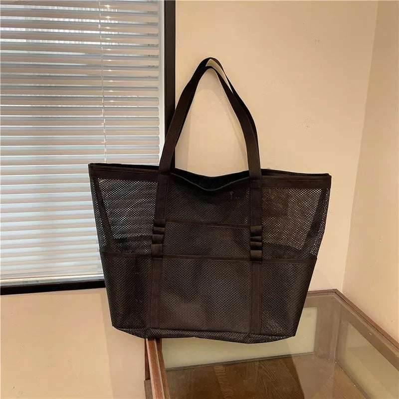 EMESA HOME Large Canvas Mesh Beach Bag – Lightweight Hollow Shoulder Tote for Shopping & Commuting - EMESA HOME™