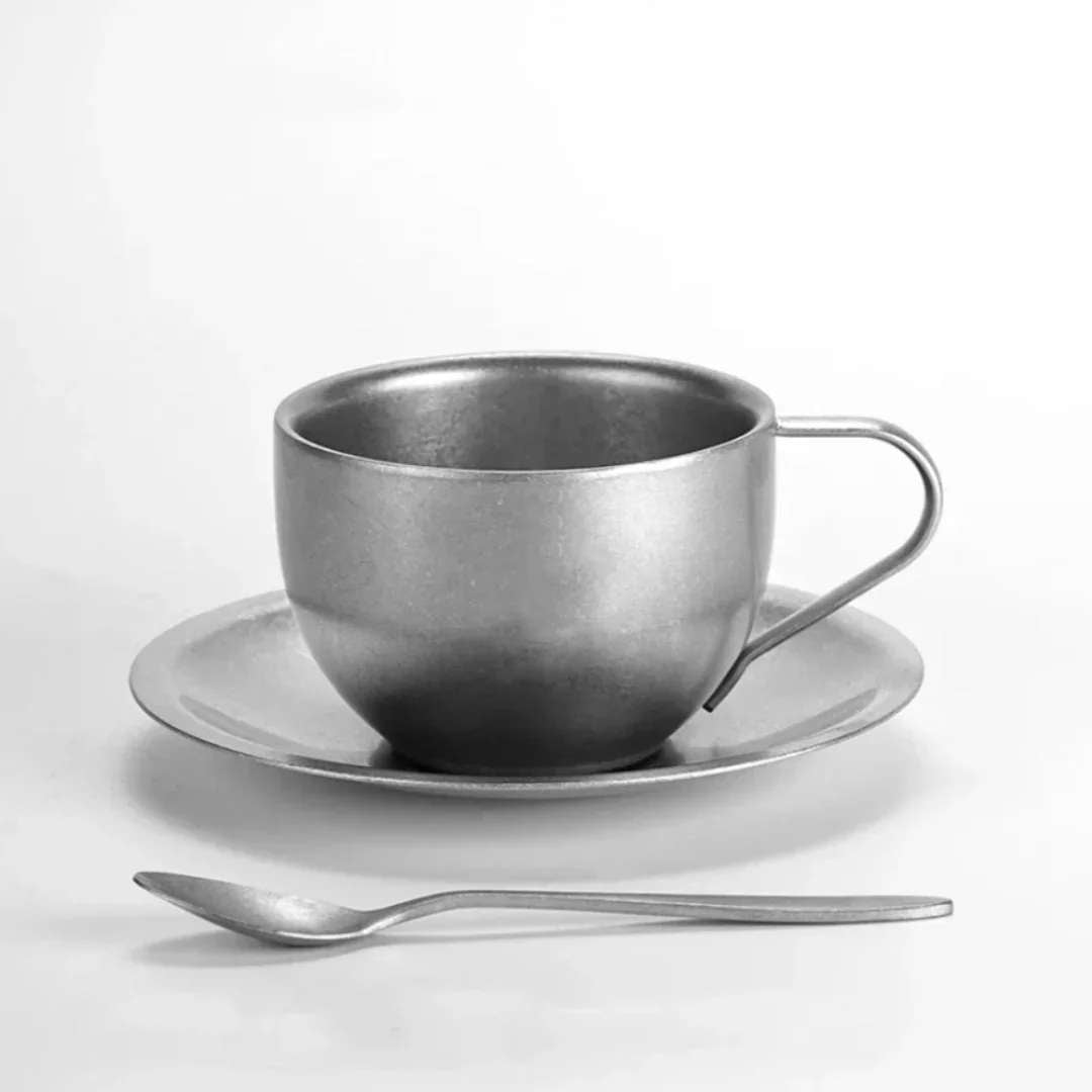 EMESA HOME Retro Coffee Cup Set, Double Wall 304 Stainless Steel with Spoon & Saucer, Frosted Industrial Style Tea Cup