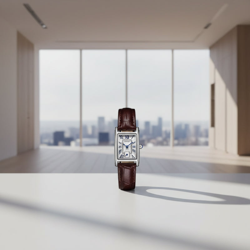 Watch with brown leather strap and silver case on a white background, featuring the brand 'SANDA'.