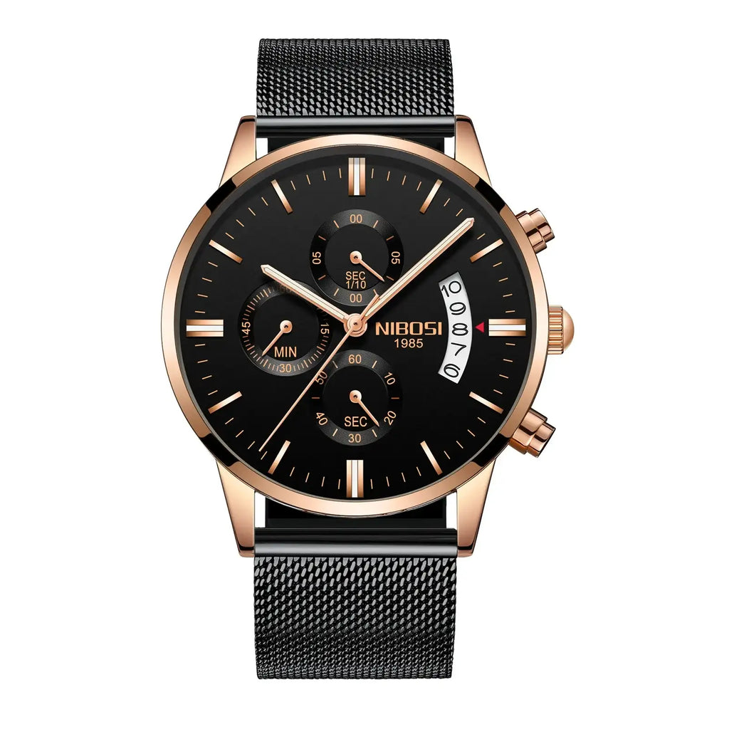 Black and rose gold watch with detailed face on a white background