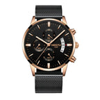 Black and rose gold watch with detailed face on a white background