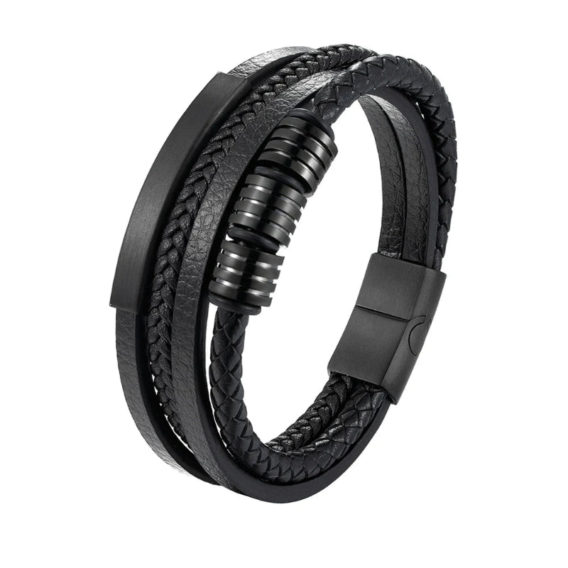 Black braided leather bracelet with a magnetic clasp on a white background