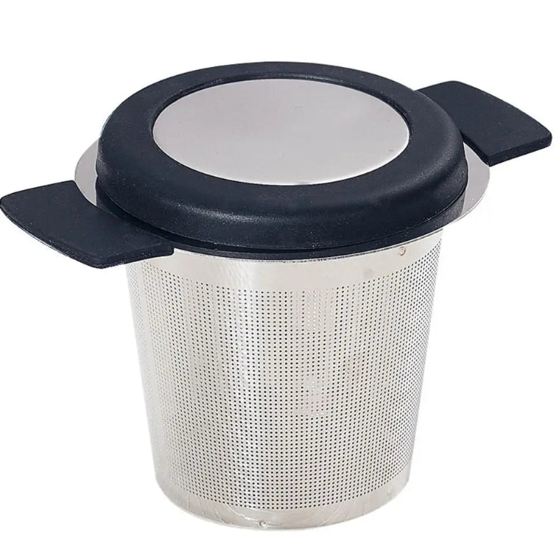 A stainless steel mesh tea infuser basket with a black plastic lid and side handles, shown on a plain white background.