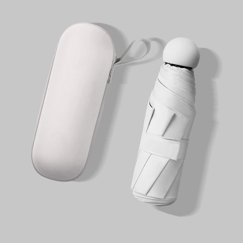 A white compact umbrella and its matching oval hard case, photographed on a light gray background with soft shadows.
