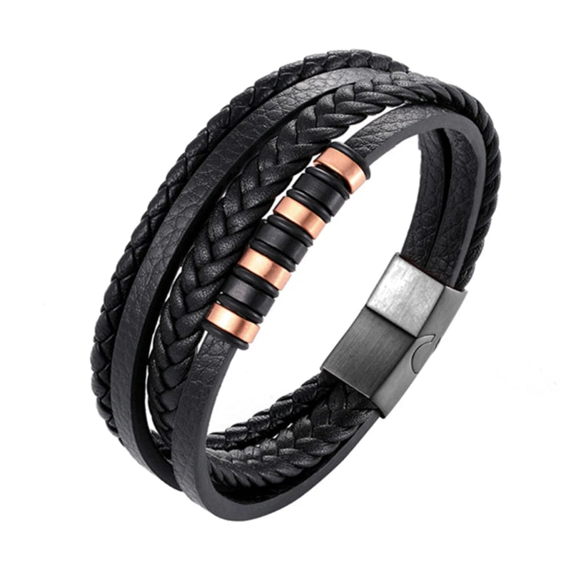 Black braided leather bracelet with rose gold accents on a white background