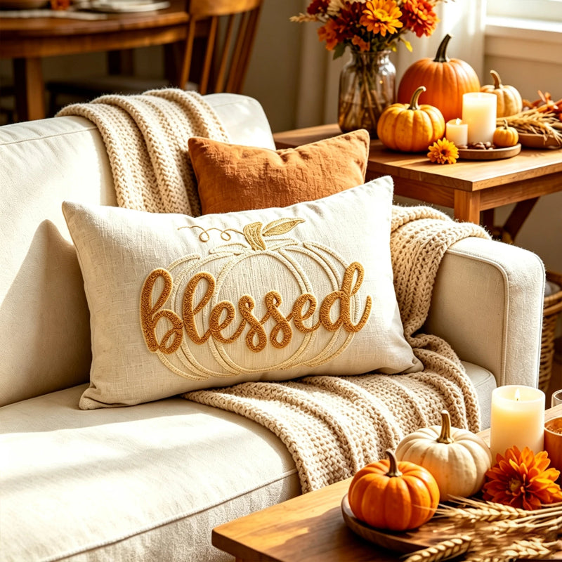 EMESA HOME Tufted Letter & Pumpkin Embroidered Autumn Cushion Cover