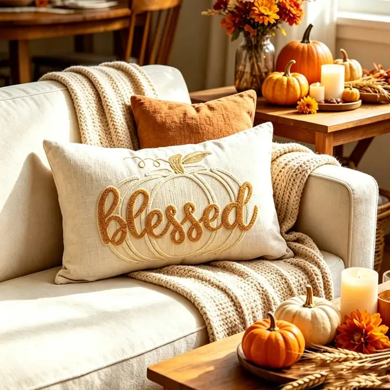 EMESA HOME Tufted Letter & Pumpkin Embroidered Autumn Cushion Cover