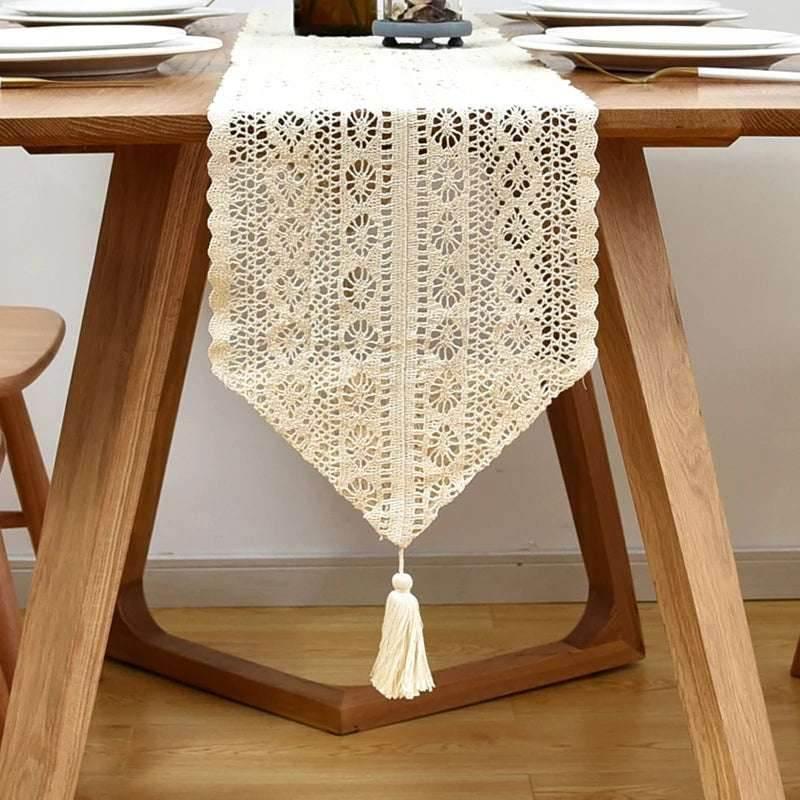 EMESA HOME Vintage Beige Table Runner with Crochet Lace, Cotton Blend, Tassels for Coffee Table, Wedding, and Christmas Décor. - EMESA HOME™