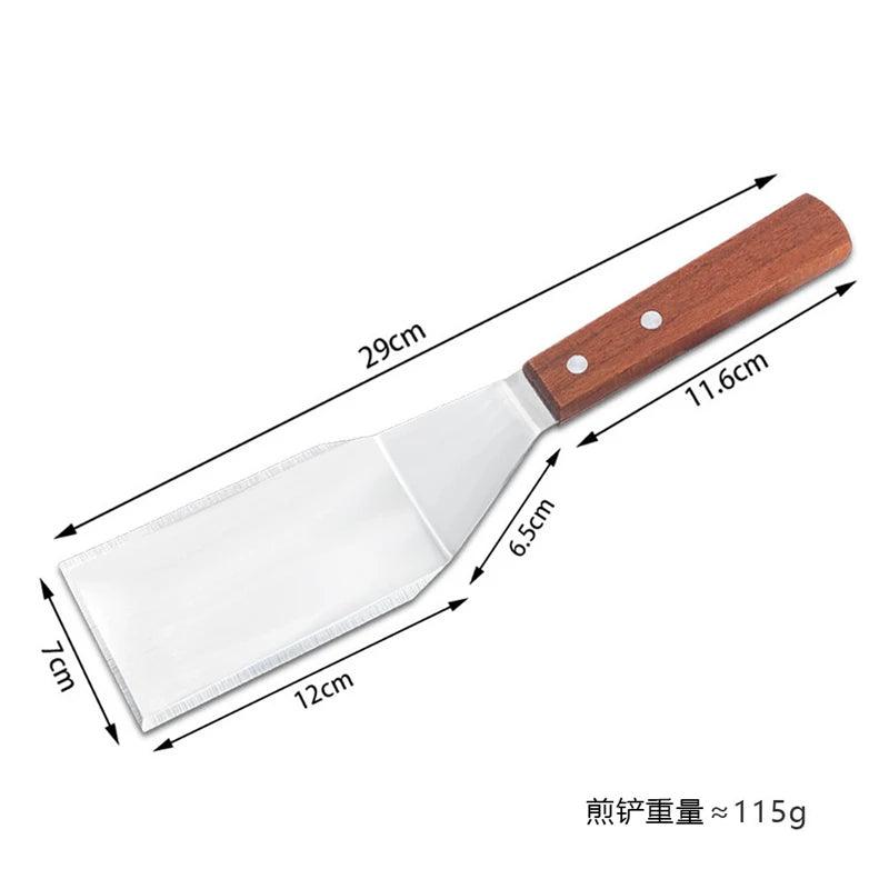 Meat spatula with wooden handle and measurements on a white background