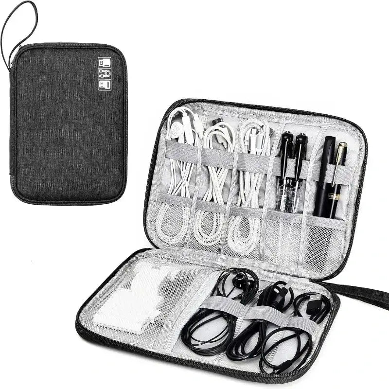 Black travel organizer with compartments for electronic accessories on a white background