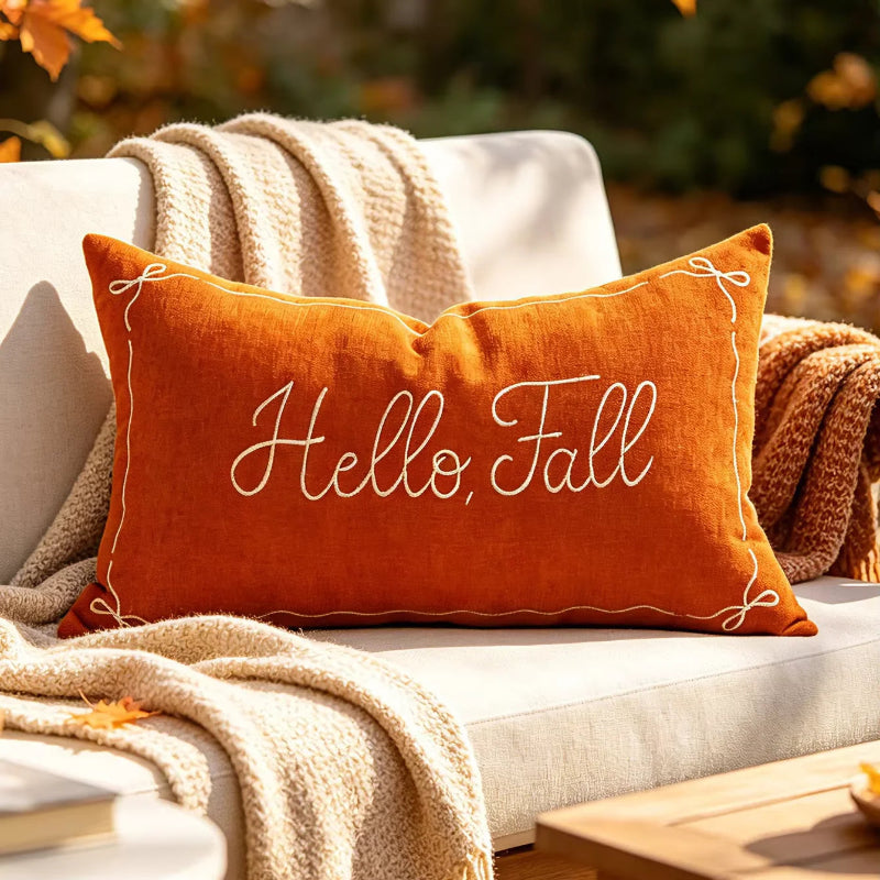 An orange throw pillow with 'Hello, Fall' embroidered in white script sits on a light beige outdoor sofa draped with cream and brown knit blankets, with a blurred autumn garden background.
