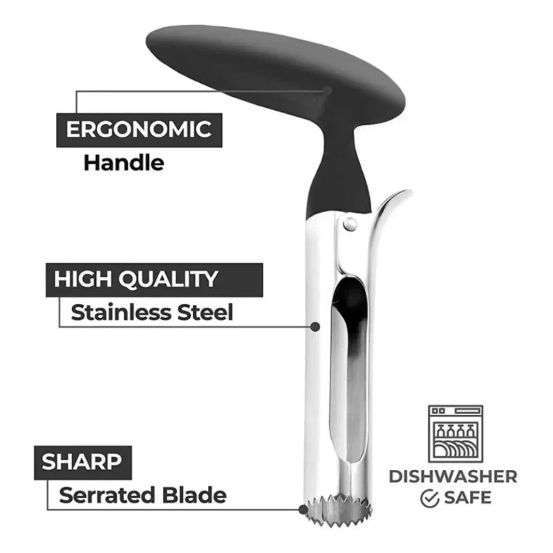 Knife with ergonomic handle, high-quality stainless steel blade, and dishwasher safe feature on a white background.