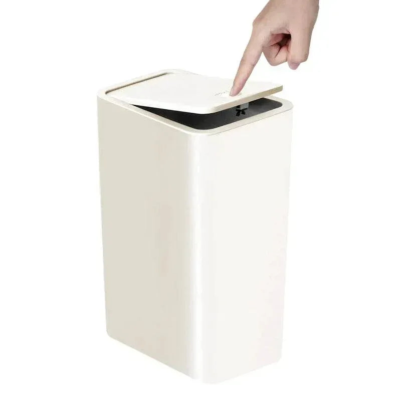 EMESA HOME 10L Bathroom Trash Can with Press Top Lid, Small Plastic Wastebasket for Toilet, Bedroom, Living Room, Pop-up Lid Design - EMESA HOME™