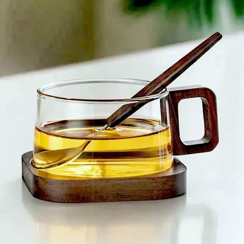 EMESA HOME 200ml American Latte Glass Coffee Mug with Wooden Tray, Spoon, Heat-resistant Milk Tea Cup, Fresh Ground Coffee - EMESA HOME™