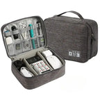 Gray travel organizer with electronic devices inside on a white background