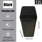 Black charging-style trash can with features and dimensions on a gray background