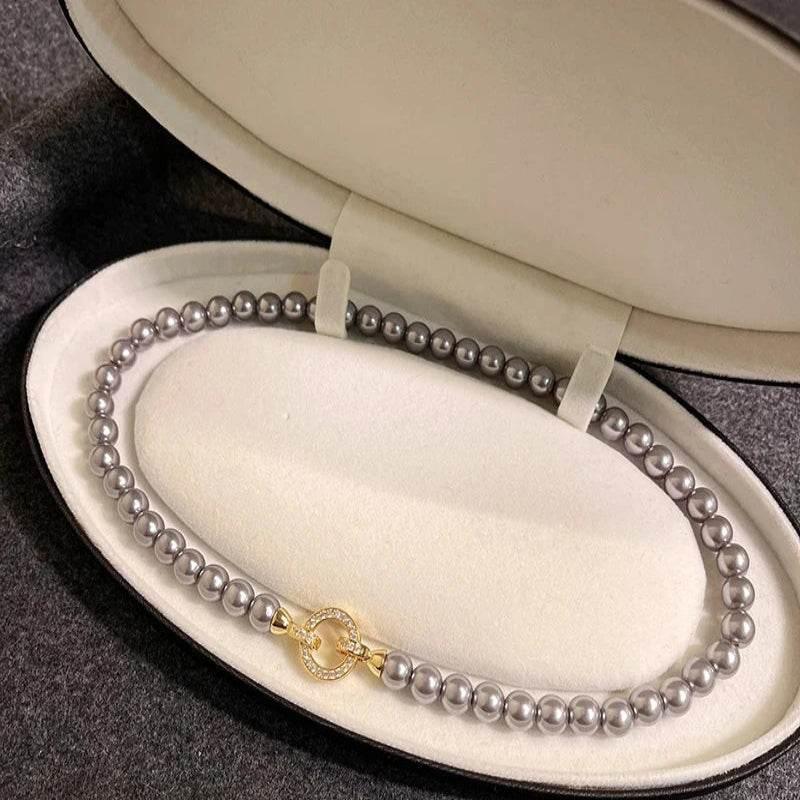 EMESA HOME French Elegant Micro Set Zircon Round Buckle Imitation Pearl Beaded Necklace, Women's Temperament Jewelry Sweet Accessories - EMESA HOME™