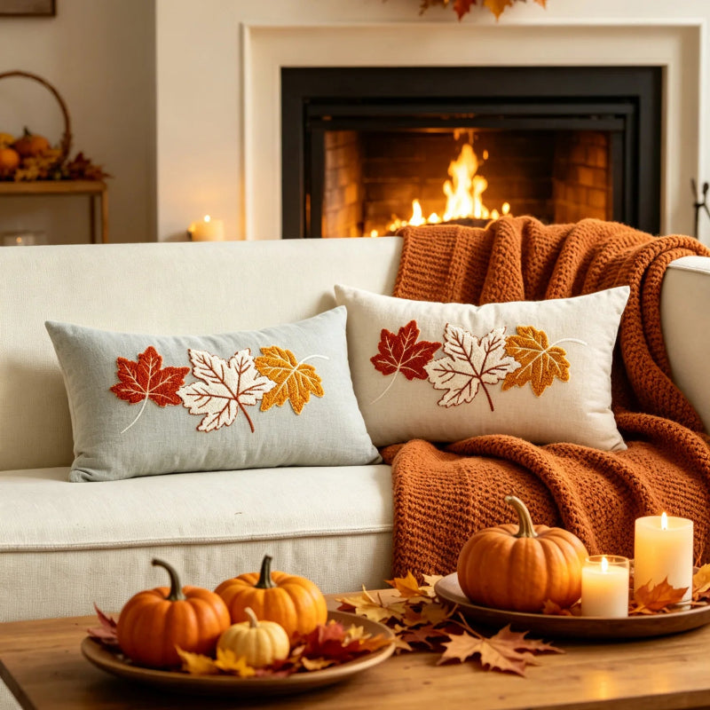 Two square throw pillows with embroidered autumn leaves in red, orange, and white, styled on a cream sofa with an orange knit blanket in front of a cozy fireplace. A wooden coffee table in the foreground holds small pumpkins, fall leaves, and lit candles.