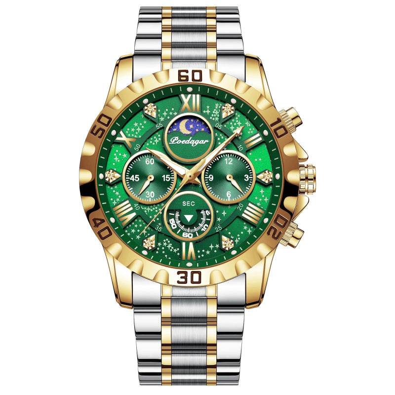 EMESA HOME Luxury Men’s Quartz Watch – Waterproof Stainless Steel Chronograph Sports Wristwatch with Luminous Display 973 Gold Green