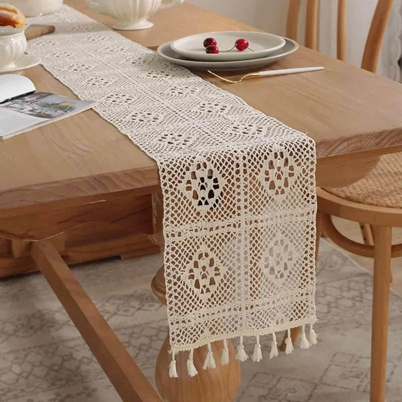 EMESA HOME Vintage Beige Table Runner with Crochet Lace, Cotton Blend, Tassels for Coffee Table, Wedding, and Christmas Décor. - EMESA HOME™