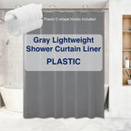 Gray lightweight shower curtain liner with text on a bathroom background