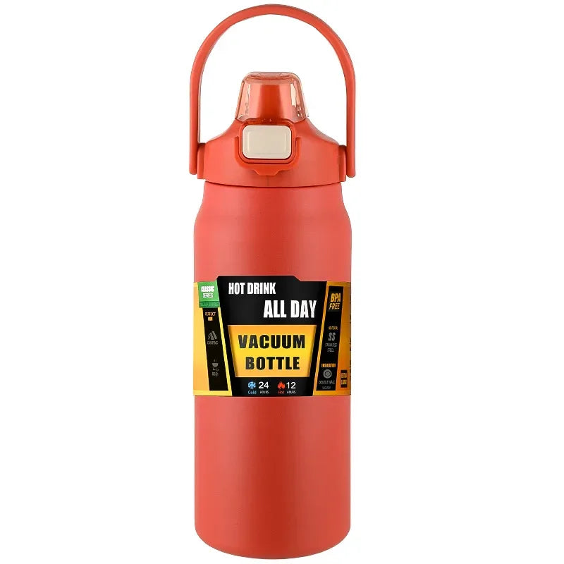 Red vacuum bottle with handle on a white background