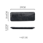 Measurement chart of a black rectangular plate with dimensions and weight information.