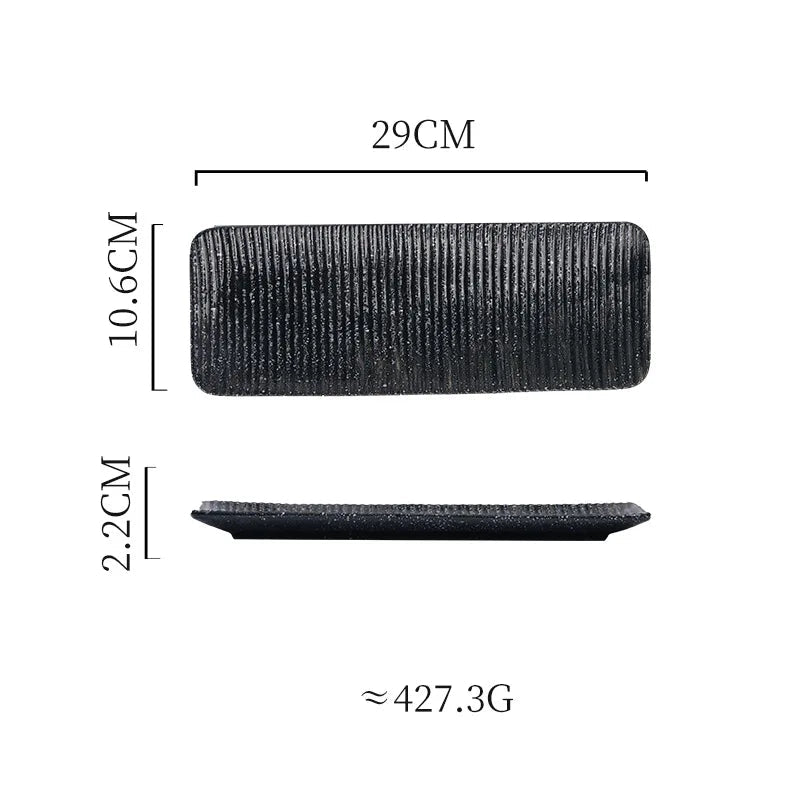 Measurement chart of a black rectangular plate with dimensions and weight information.