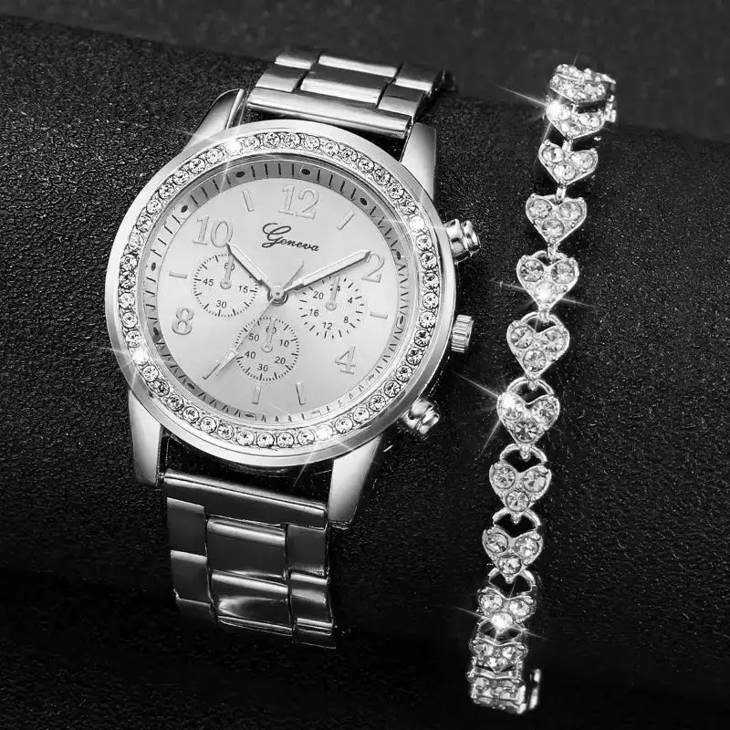 EMESA HOME 2-Piece Women’s Rhinestone Quartz Watch & Bracelet Set – Elegant Analog Fashion Gift Set for Ladies & Girls
