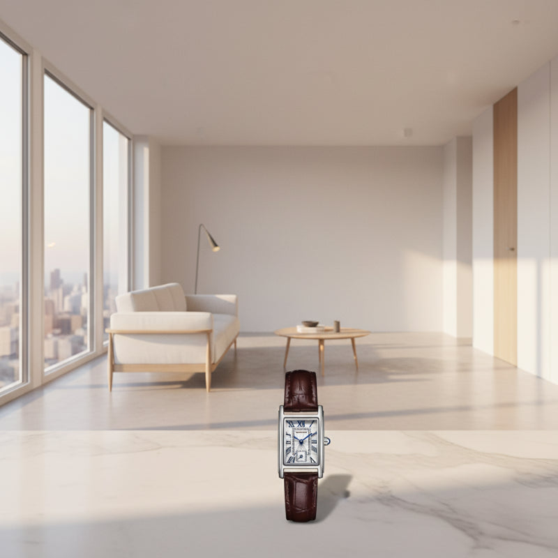 Watch with brown leather strap and silver case on a white background, featuring the brand 'SANDA'.
