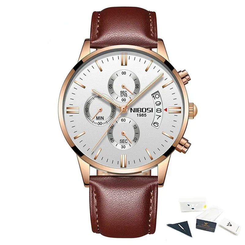 NIBOSI watch with brown leather strap and rose gold case on a white background