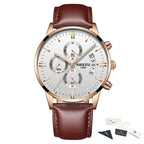 NIBOSI watch with brown leather strap and rose gold case on a white background