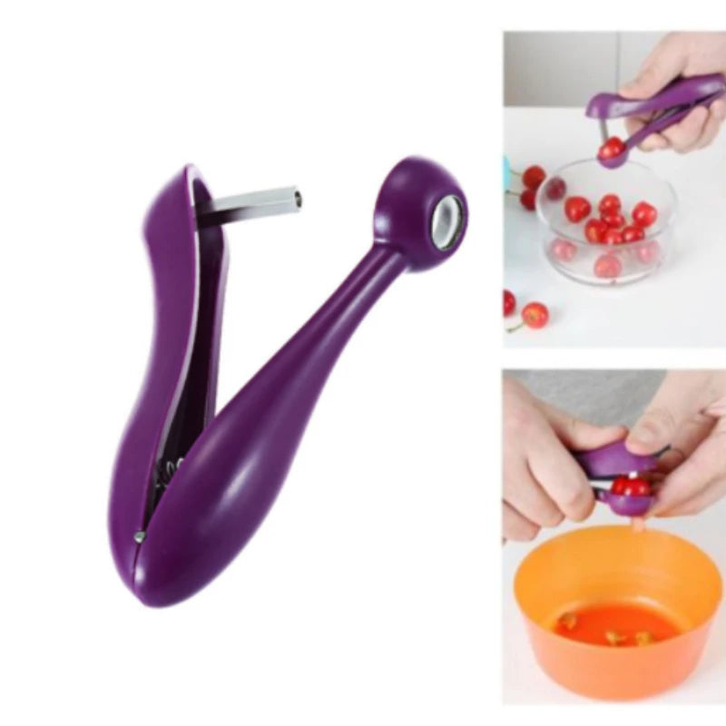 Purple cherry pitter with usage examples on a white background