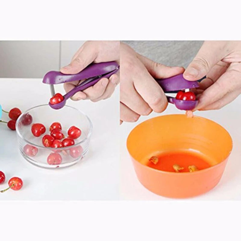 Purple cherry pitter being used to remove cherry pits from a bowl.