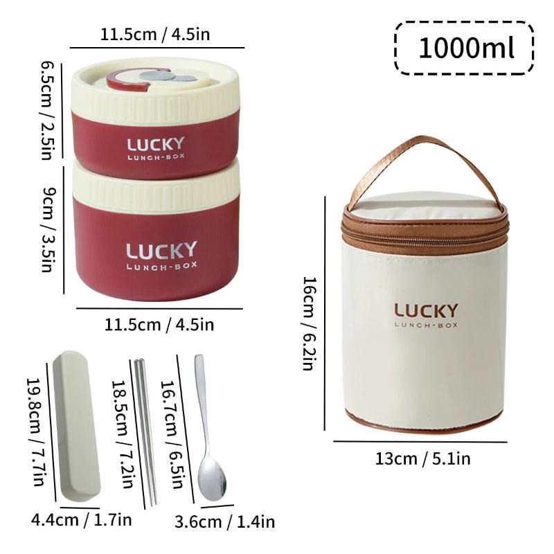Dimensions and features of a 'Lucky' lunch box with a white container and brown handle.