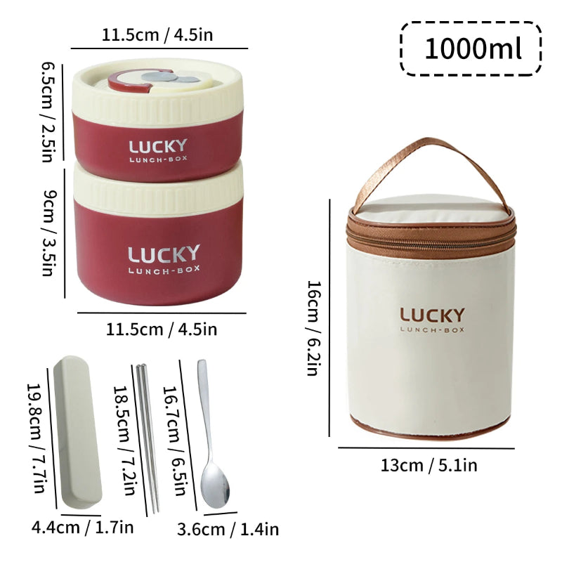Dimensions and features of a 'Lucky' lunch box with a white container and brown handle.