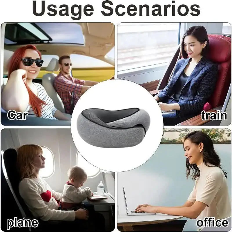 Collage of a travel pillow used in car, train, plane, and office settings.