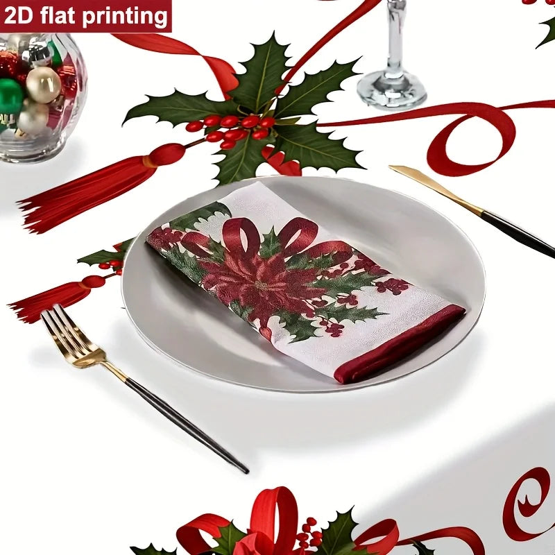 A festive Christmas table setting featuring a white napkin with a red bow and green holly print, folded on a white plate. The scene is decorated with red ribbons, green holly leaves, red tassels, gold and black cutlery, and a wine glass on a white tablecloth, with a red banner in the top left reading '2D flat printing'.