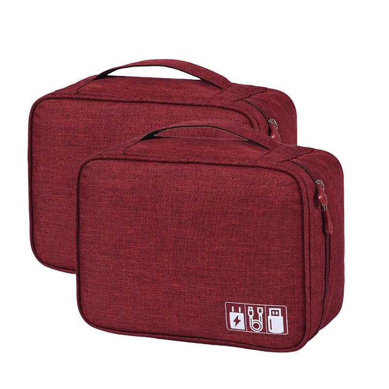 Two red travel bags with icons on a white background