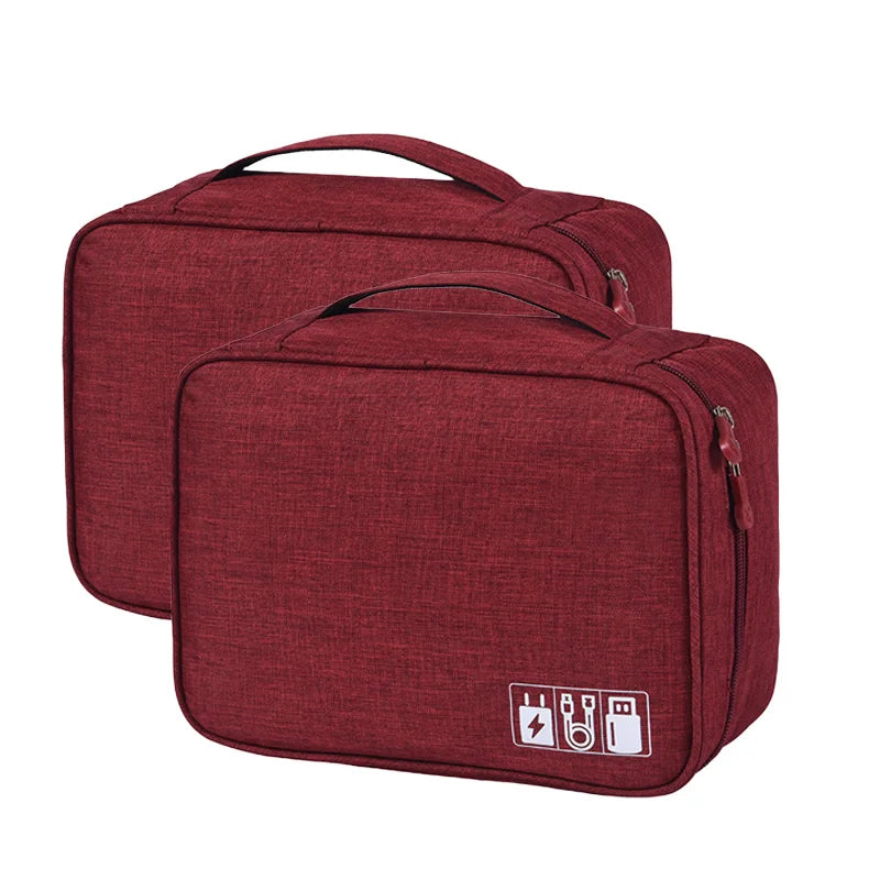 Two red travel bags with icons on a white background
