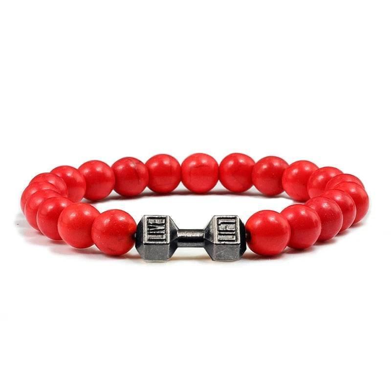 EMESA HOME Volcanic Stone Bead Bracelet – Matte Black Lava & White Dumbbell Charm Fitness Jewelry for Men & Women - EMESA HOME™