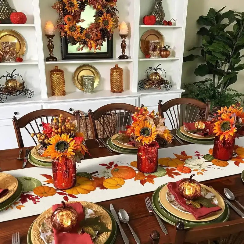 Thanksgiving table setting with autumn decorations, including pumpkins and sunflowers, in a home interior.