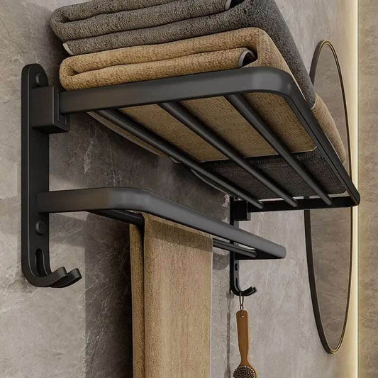 EMESA HOME Matte Black 50CM Folding Towel Holder with Hook - Wall Mount Aluminum Towel Rack