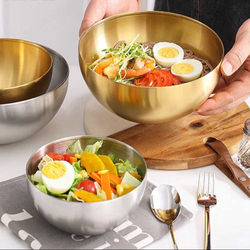 EMESA HOME Korean Stainless Steel Salad Bowl Multi purpose Cooking Bowl Large Cold Noodle Bowl Instagram Round Sanded Gold Bowl