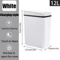 White trash bin with charging style features and dimensions on a gray background